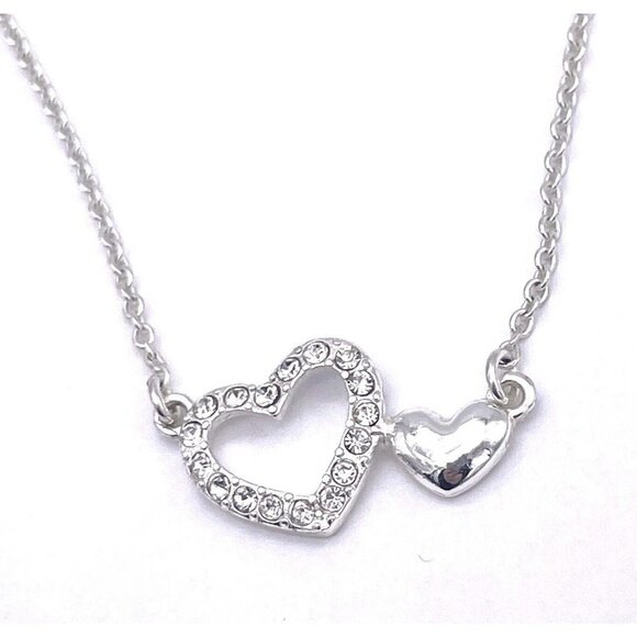 NRT Silver Tone Heart Pendant Rhinestone Chain Necklace Adjustable 17in to 20in - Picture 1 of 5